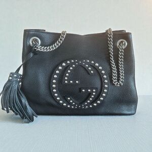 Gucci Black Soho Chain Leather Bag, Silver GG Studs, Pristine Condition